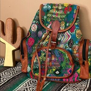 Colorful Tapestry and leather Backpack with peacock theme